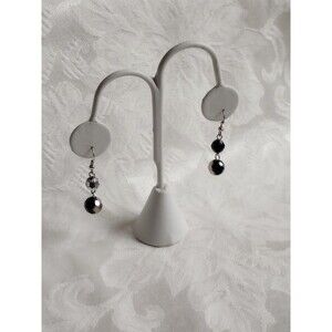 Faceted Black Glass Globe Bead with Silver Hematite Finish Dangle Earrings 1.75